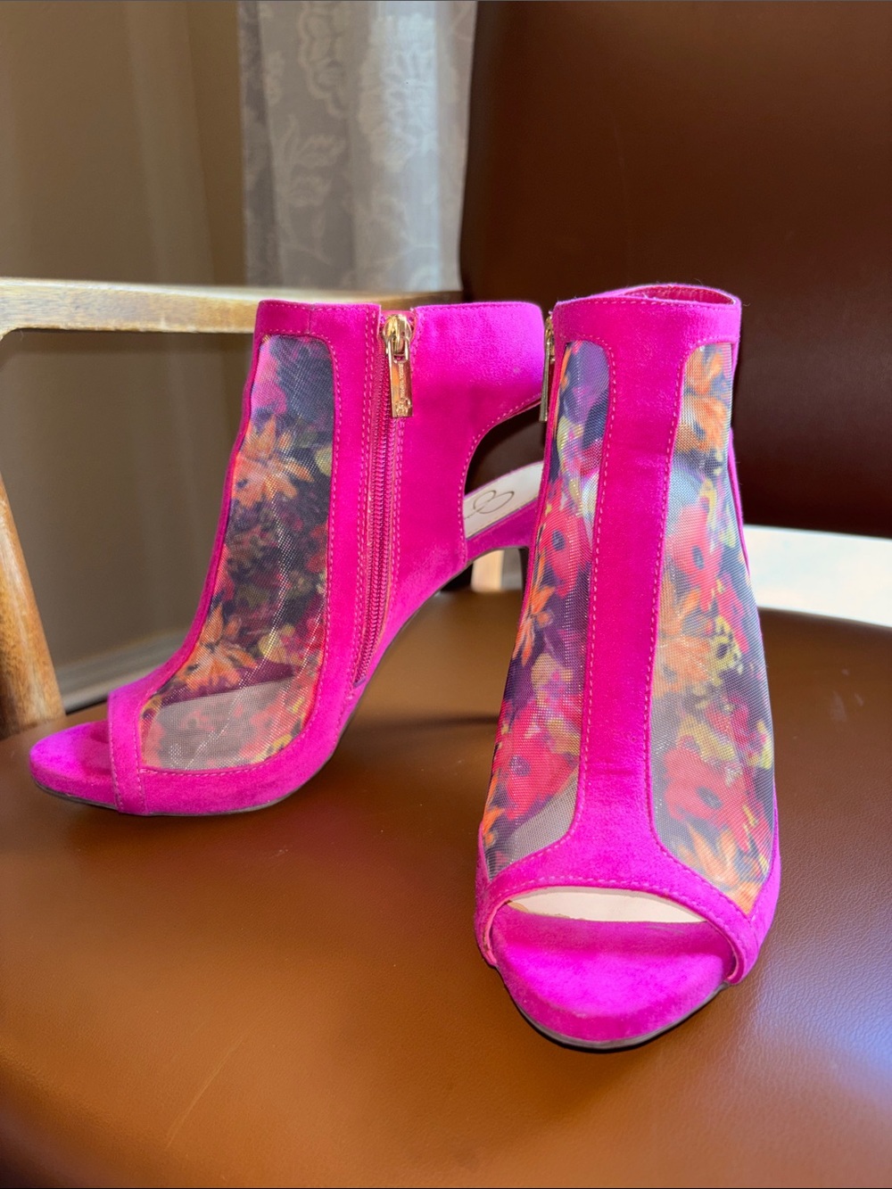 Jessica Simpson Hot Pink Floral Mesh Peep-Toe Ankle Heels